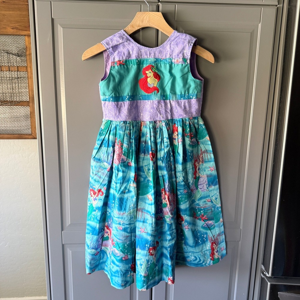Handmade Girls Embroidered Little Mermaid Ariel Sundress, Purple Turquoise, 8/10
